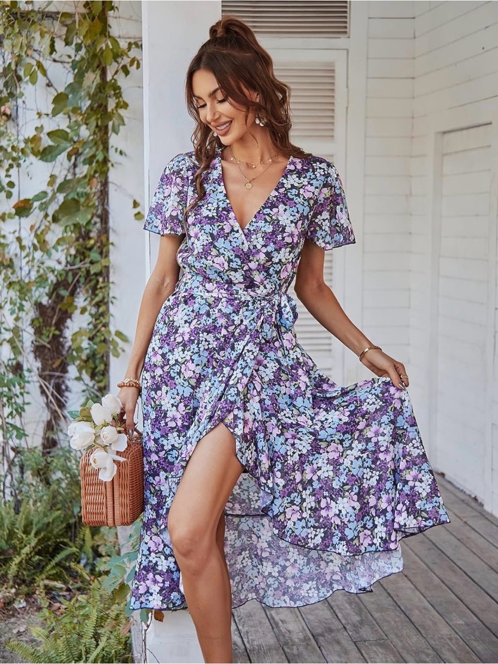 Women’s Wrap Dress purple floral print - ruffle hem - waist tie - v-neck maxi XL